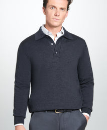 Grey Merino Wool Long Sleeve Polo Shirt