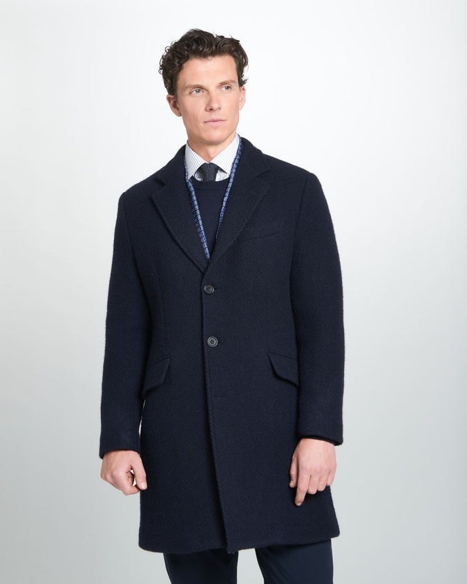 Navy Blue British Wool Herringbone Notch Lapel Overcoat