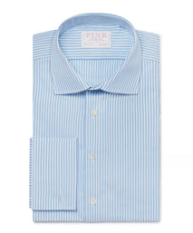 Pale Blue & White Tailored Fit Double Cuff Core Poplin Bengal Stripe Formal Shirt