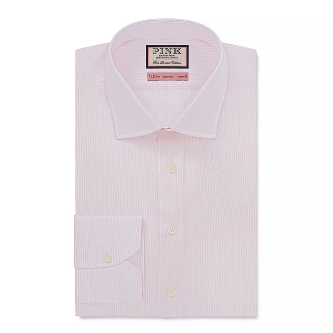 Pale Pink & White Tailored Fit Precise Hairline Stripe Formal Shirt
